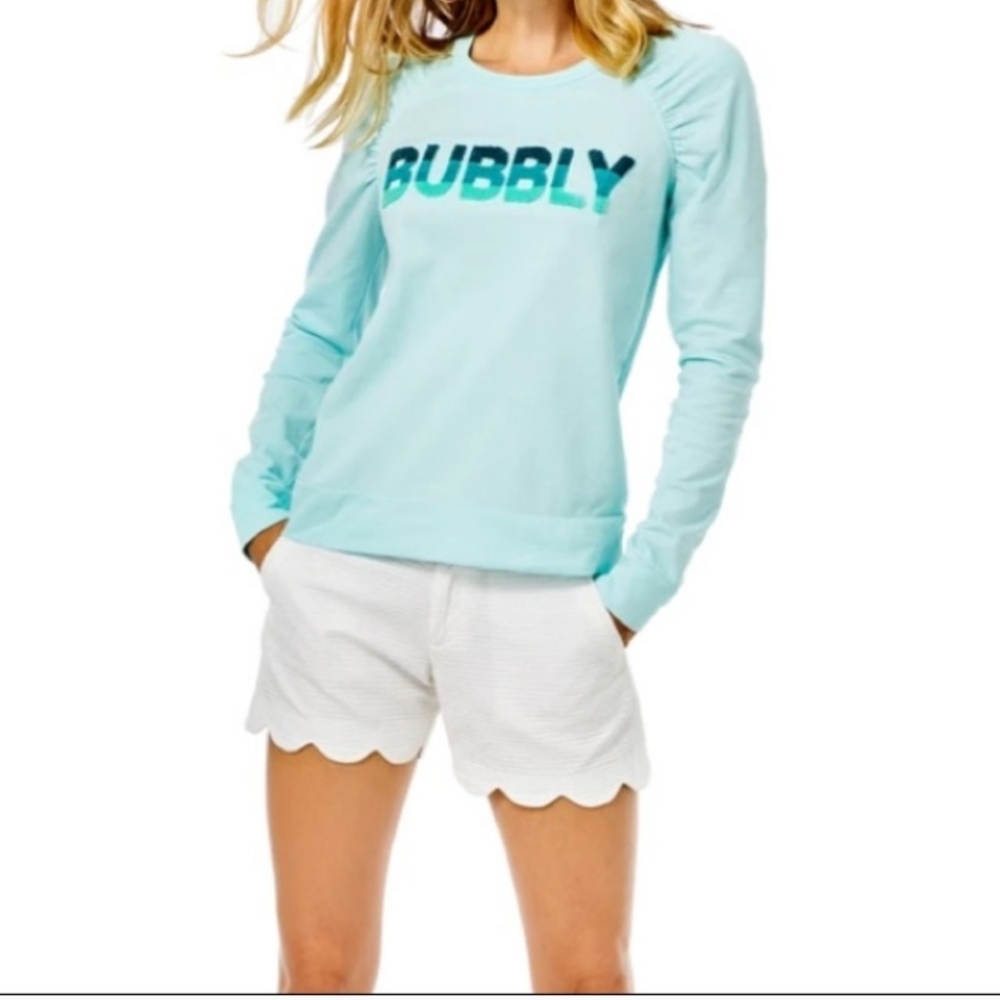 Lilly Pulitzer Aldean Sweatshirt Bubbly Block Letters Aqua Blue Sz Medium